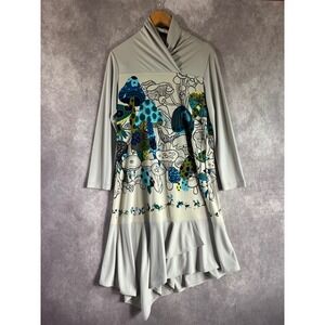 Tokuko 1er Vol Tunic Dress Women 9 Gray Mushroom Print Asymmetrical Art Wear